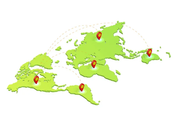 Mapa Mundo Isométrico Com Ponteiro Localização Ligado Por Linha Pontilhada — Vetor de Stock