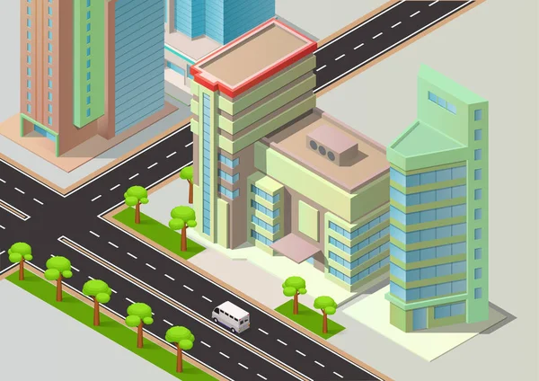 Isometrisk Stadsbild Med Skyskrapa Byggnad Och Motorväg — Stock vektor
