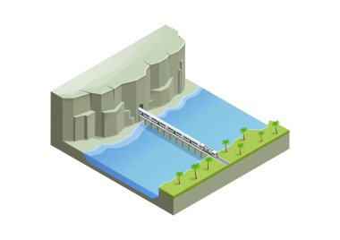 Tünelden çıkan, köprüden geçen tren izometriği.