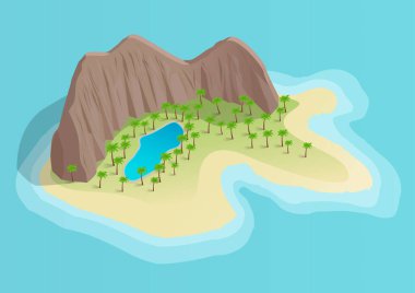 isometric beautiful island with mountains and lake in the middle
