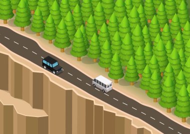 isometric of a car driving on a road beside a forest and on the edge of a cliff