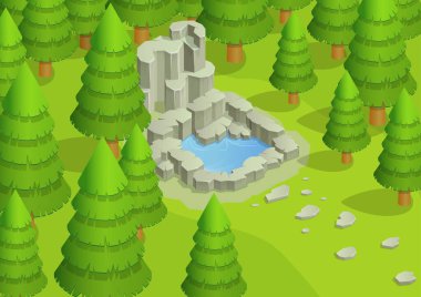 Havuzu ve ağaçları olan izometrik park