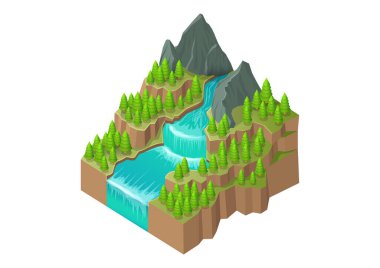 isometric mountain with river waterfall and pine forest
