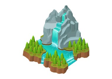 isometric mountain with river waterfall and pine forest