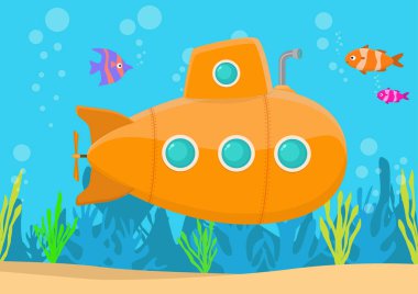 Denizaltı Arkaplanı: Balık algleri ve mercanlarla dolu karikatür sarı denizaltı