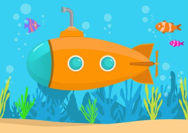 Denizaltı Arkaplanı: Balık algleri ve mercanlarla dolu karikatür sarı denizaltı