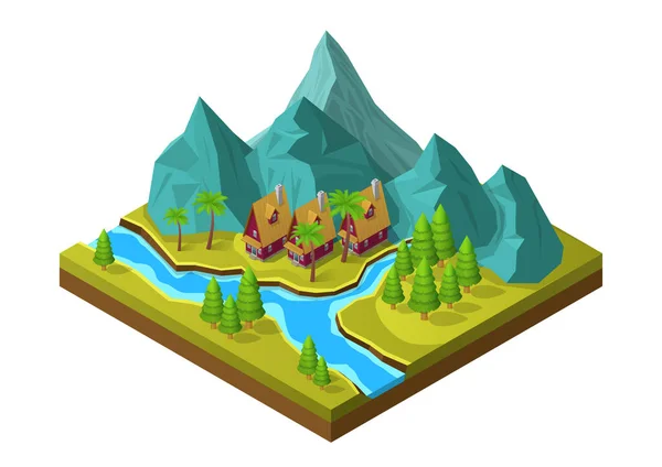 Montaña Isométrica Con Río Bosque — Vector de stock