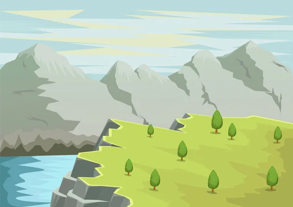 春の夏の漫画フラットパノラマ 緑の草原の牧草地 水平線の背景に山 山の湖の風景 — ストックベクタ