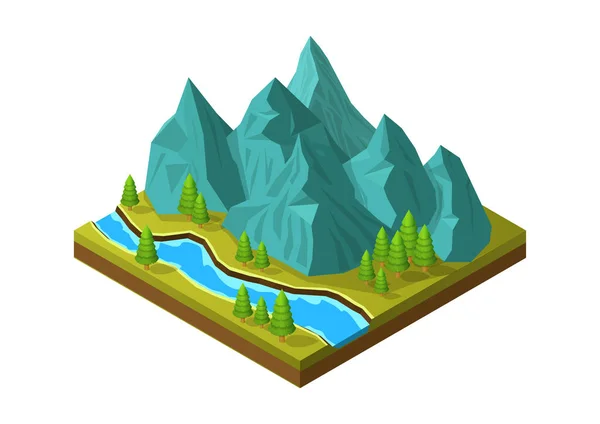 具有河流和森林的等距山 — 图库矢量图片