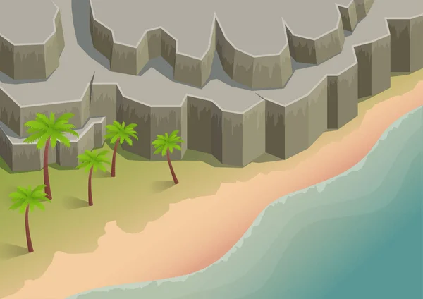 Isometrisch Mooi Strand Met Rotsachtige Heuvels Palmbomen — Stockvector
