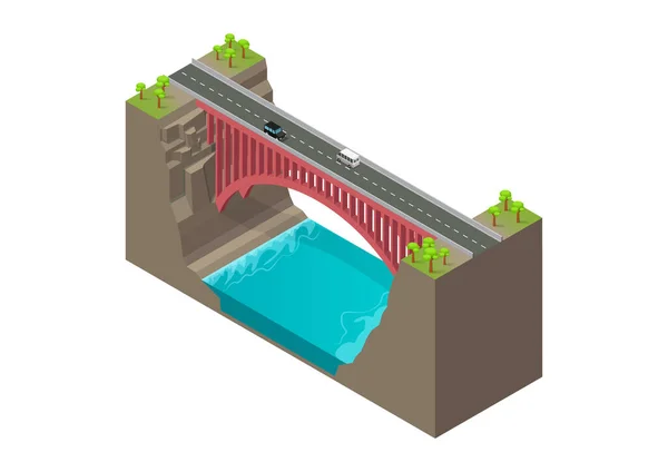 Pont Rouge Isométrique Sur Rivière Dans Les Montagnes — Image vectorielle