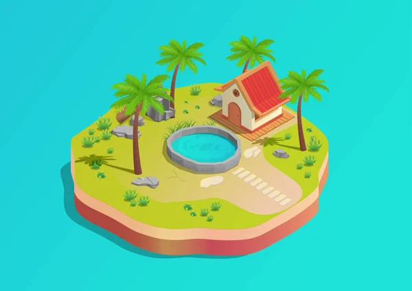 プール付きのアイソメトリックパーク島とかわいい家 — ストックベクタ