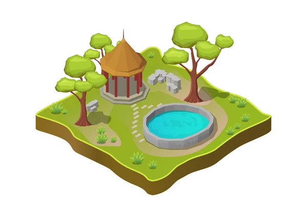 Изометрический Красивый Парк Бассейном Беседками — стоковый вектор