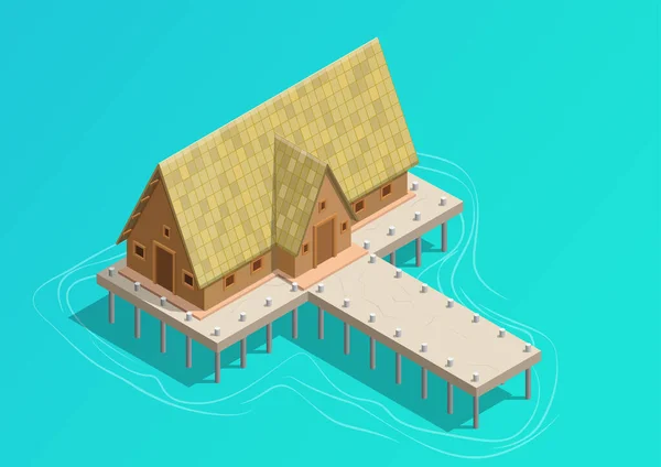 Изометрический Пирс Домом Море — стоковый вектор