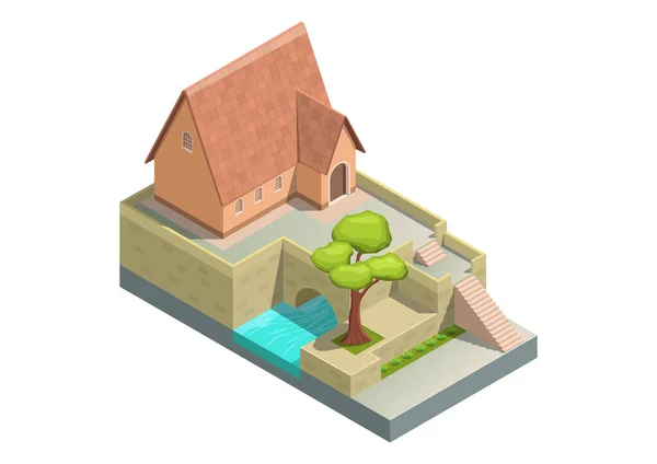 Изометрический Дом Рекой Деревом — стоковый вектор