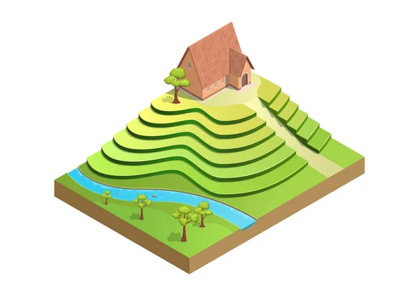 Terrasse Isométrique Terrain Agricole Avec Maison Sur Dessus — Image vectorielle