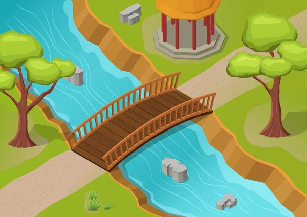 Rivière Isométrique Avec Pont Bois Travers Parc — Image vectorielle