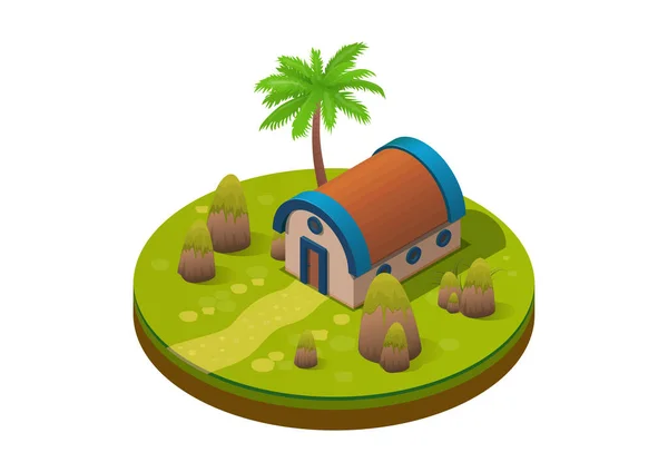 Ισομετρικό Πάρκο Νησί Χαριτωμένο Σπίτι Και Φοίνικα — Διανυσματικό Αρχείο