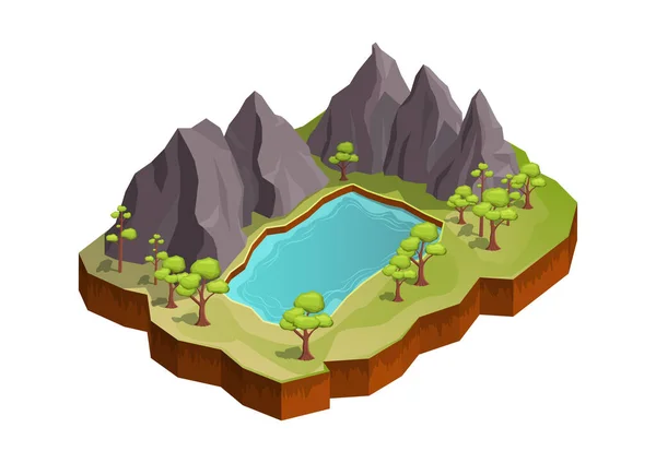 Isométrique Belle Montagne Avec Lac Arbres — Image vectorielle
