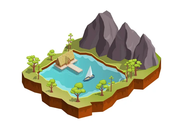 Isométrique Belle Montagne Avec Lac Maison Bateau — Image vectorielle