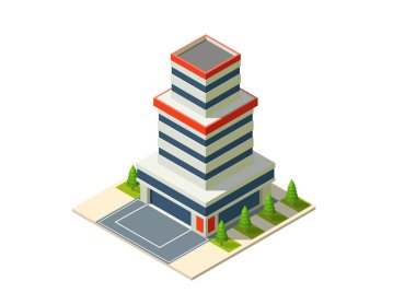 İzometrik modern fütüristik bina. Beyazda izole edilmiş