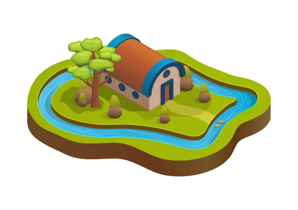 Isometric Cute House Surrounded Flowing River — Stock Vector