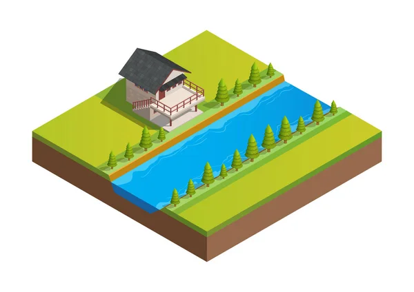 Isométrico Casa Área Fazenda Com Rio Fluindo — Vetor de Stock