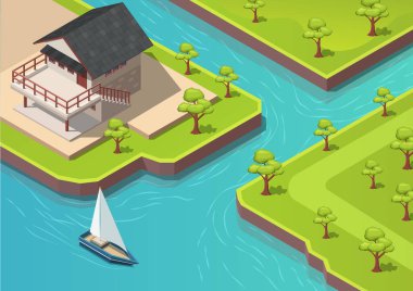 Nehrin aktığı izometrik park ya da orman