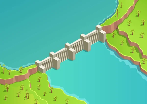 Изометрическая Река Плотиной Гидроэлектростанция Зеленая Энергия — стоковый вектор