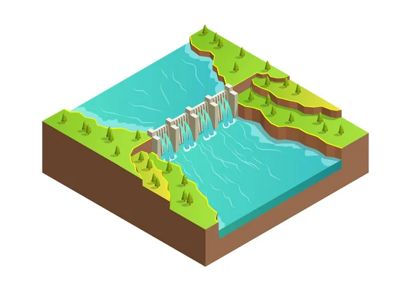Rio Isométrico Com Barragem Central Hidroeléctrica Energia Verde — Vetor de Stock