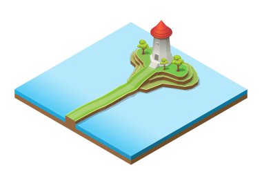 Adadaki izometrik şirin deniz feneri kulesi binası