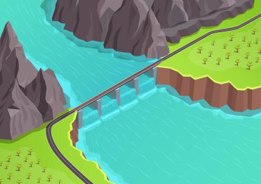 Isometric river with dam. Hydroelectric power station and green energy clipart