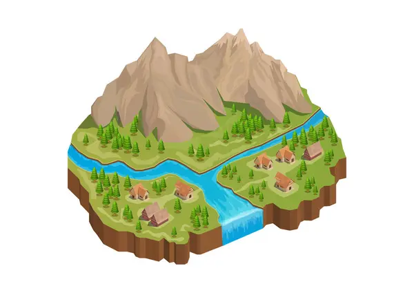Isometric Mountain River Village Isolated White Royalty Free Stock Illustrations