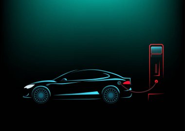 Elektrikli araba şarj istasyonunda. Neon araba siluet biçimi