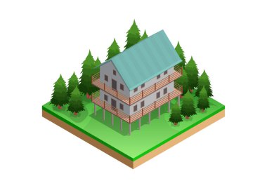 Ormandaki köknar ağaçlarının arkasındaki Isome evi.