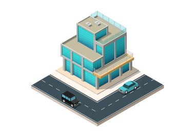 Şehir haritası için sokak yolları ve arabaları olan Isometric modern ofis binası