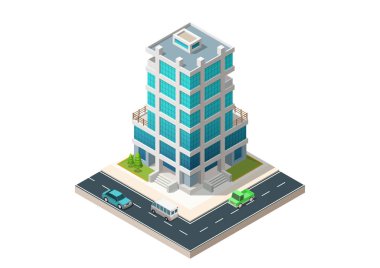 Şehir haritası için sokak yolları ve arabaları olan Isometric modern ofis binası