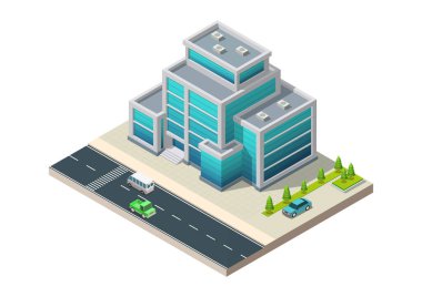 Şehir haritası için sokak yolları ve arabaları olan Isometric modern ofis binası