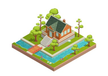 Önünde güzel bir nehir olan Isometric evi.