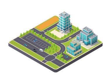 Modern bina ve yola sahip Isometric şehir haritası navigasyonu