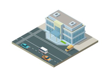 Otoyolu ve arabaları olan Isome modern binası