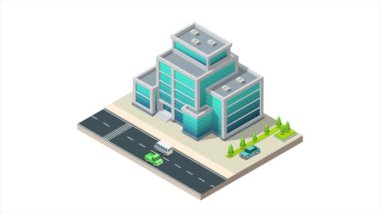 Otoyolda arabaları olan Isometric modern binalar.