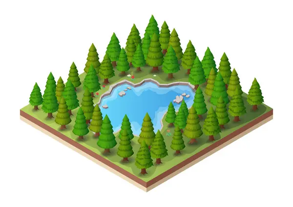 Doğal gölü olan Isometric çam ormanı