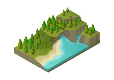 Çam ormanlı Isometric nehri. Vektör İllüstrasyonu