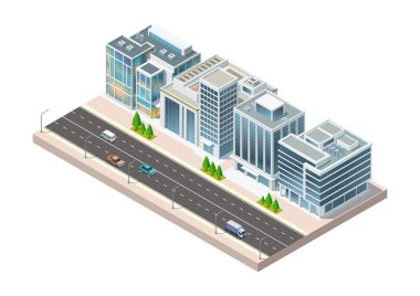 Otoyol trafiği olan Isometric şehir binası