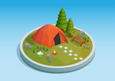 Kamp alanındaki bir kampın Isometric çizimi
