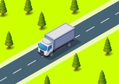 Etrafında çam ağaçları olan bir kamyonet yoldan geçiyor.