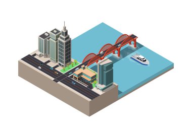Köprüleri, yolları ve gemileri olan Isometric nehir kenarı şehir binaları