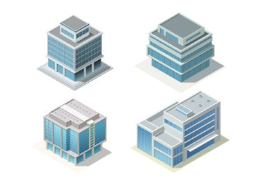 İzometrik modern bina seti. Beyazda izole edilmiş. harita veya oyun değeri için