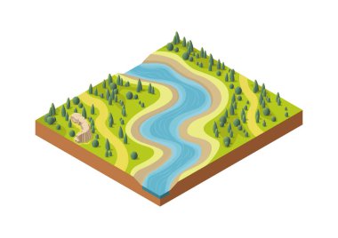 Çam ormanının içinden geçen güzel izometrik doğal nehir